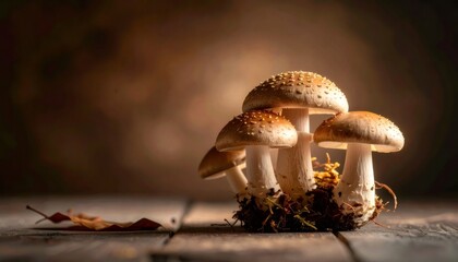Wild mushrooms growing on earthy forest floor