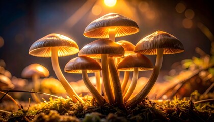 Glowing mushrooms forming a mystical group in forest