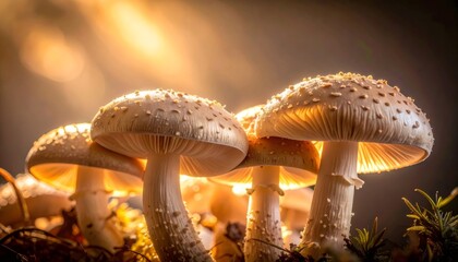Glowing mushrooms illuminating forest floor at sunset
