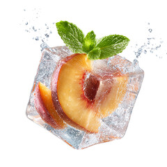Peach slice frozen in ice cube refreshing summer drink isolated on transparent background.