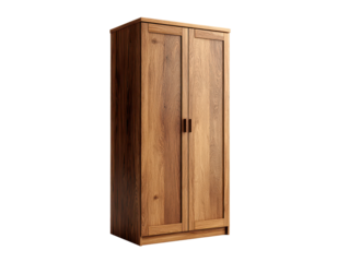 A tall wooden wardrobe cabinet with full height doors, a clean rectangular body, warm visible wood tone, and simple understated hardware with neat edges isolated on transparent background.

