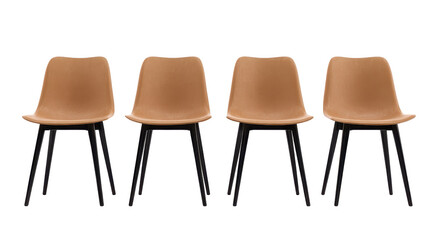A matching set of four chairs arranged in a neat row, consistent modern design, evenly spaced legs, and uniform proportions creating a cohesive furniture set isolated on transparent background.
