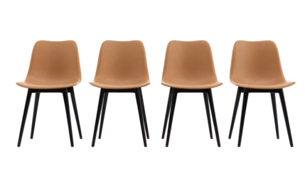 A matching set of four chairs arranged in a neat row, consistent modern design, evenly spaced legs, and uniform proportions creating a cohesive furniture set isolated on transparent background.
