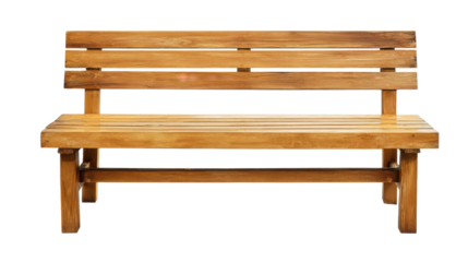 A wooden outdoor bench with a slatted seat and backrest, sturdy side supports, warm natural wood tone, and a wide horizontal profile isolated on transparent background.
