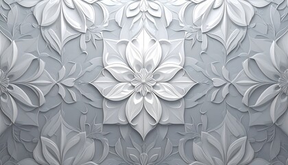 Intricate symmetrical pattern of stylized floral designs in shades of white on a textured background