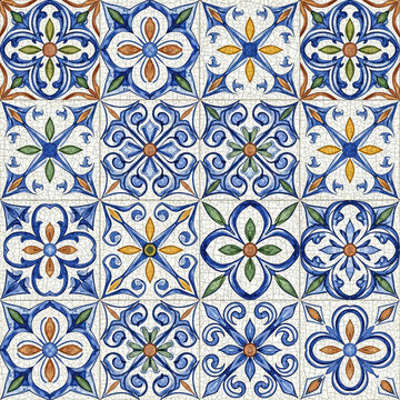 seamless pattern of hand-painted watercolor tiles in a traditional Portuguese Azulejo style. Features intricate floral and geometric designs with a crackle texture.. High quality photo