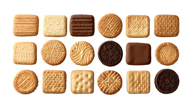 Assorted beige cookies and biscuits arranged in a neat grid with uniform spacing, varied shapes and subtle baked texture details for a clean patterned snack assortment, isolated on transparent backgro