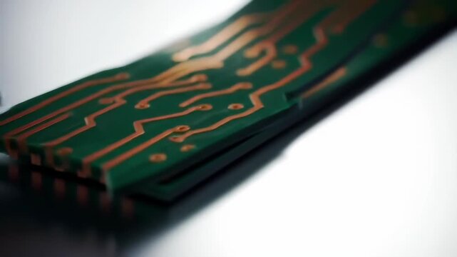 Close-up of a flexible circuit board, showing intricate electronic pathways and connections.
