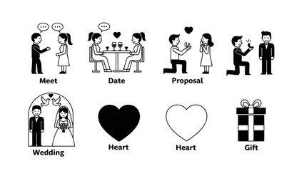 Icons illustrating dating journey, proposal, wedding ceremony, heart shapes, and gift box for love and relationship milestones