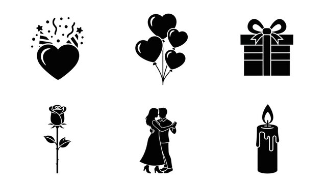 Set of solid black romantic vector icons showing heart party balloons gift box rose dancing couple and burning candle