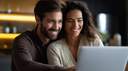 Faceless multiethnic couple using laptop at home, diverse partnership collaboration, shared digital activity, domestic technology use, defocused comfortable living space, with copy space