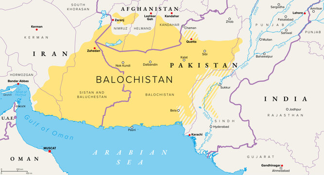 Balochistan political map. Historical region in West and South Asia, split among the countries Iran, Afghanistan, and Pakistan, with long coastline along the Arabian Sea, and the Gulf of Oman. Vector