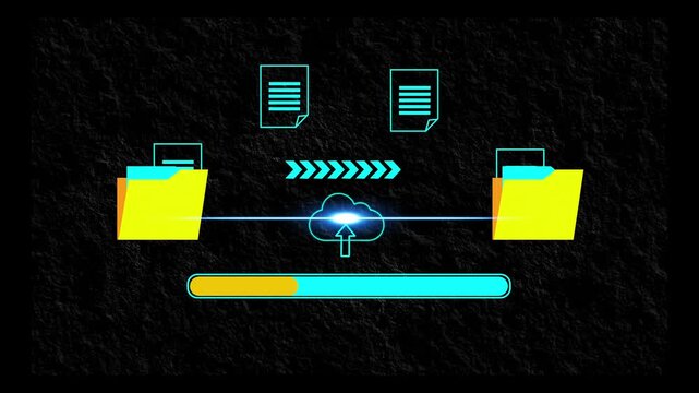 Cloud data transfer and synchronization concept with file folders and documents moving to cloud storage