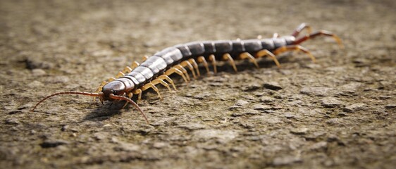 A close-up of a centipede crawling on a textured surface, showcasing its segmented body and numerous legs.