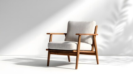 A stylish wooden chair with a gray cushion sits in a bright room with a white wall and floor