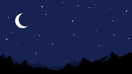 A serene night sky with a crescent moon and countless stars above a silhouetted mountain range under a deep blue celestial expanse, evoking a sense of tranquility and wonder