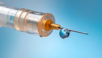 Close-up of a syringe with a clear droplet at the needle's tip against a blurred blue background