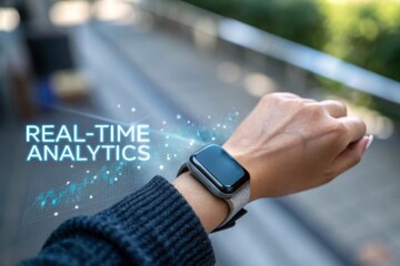 A close-up of a hand wearing a smartwatch, touching a floating virtual interface showing graph analytics. The text REAL-TIME ANALYTICS