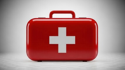 Fototapeta premium Red first aid kit with white cross symbol for emergency medical treatment on light studio background