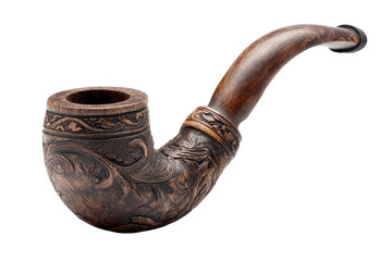 A carved wooden smoking pipe with engraved ornamental patterns, smoothly curved stem and polished wood sheen highlighting the grain and rounded bowl contours, isolated on transparent background.
