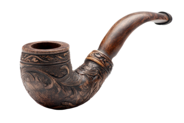 A carved wooden smoking pipe with engraved ornamental patterns, smoothly curved stem and polished wood sheen highlighting the grain and rounded bowl contours, isolated on transparent background.
