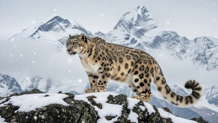 Snow leopard standing on snowy rocks with mountain backdrop