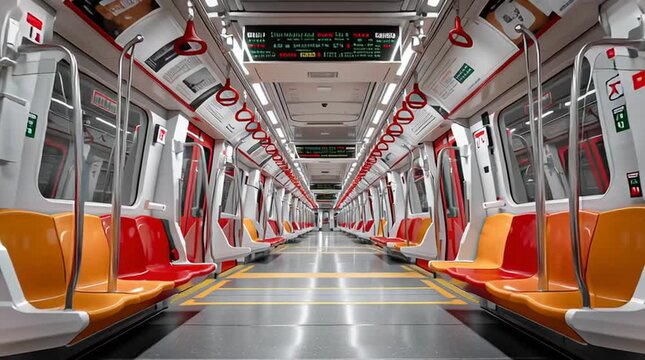 Modern subway train interior with empty seats and bright lighting showcasing the spacious design and clean environment, emphasizing the vibrant color scheme and safety features