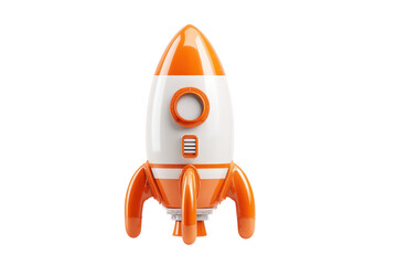 An orange and white rocket icon with side fins and a small round window, upright launch ready pose with clean shading and smooth simplified contours for a modern startup symbol, isolated on transparen