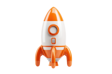 An orange and white rocket icon with side fins and a small round window, upright launch ready pose with clean shading and smooth simplified contours for a modern startup symbol, isolated on transparen