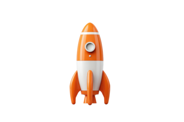 An orange and white rocket icon with side fins and a small round window, upright launch ready pose with clean shading and smooth simplified contours for a modern startup symbol, isolated on transparen