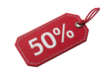 A red sale price tag featuring minus 50 percent text with a stitched border effect and small hanging loop, subtle depth and realistic fabric like texture for a retail discount label, isolated on trans