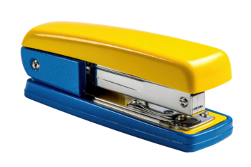 An office stapler with a bright yellow top and blue base, visible metal stapling mechanism, smooth molded body and crisp functional details for a clean stationery product cutout, isolated on transpare