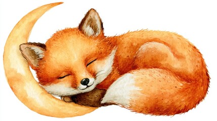 Fototapeta premium Watercolor painting of a sleeping fox with crescent moon background.