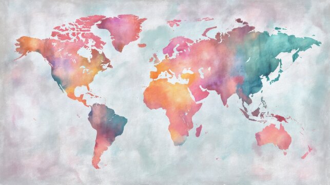 Colorful watercolor world map with vibrant pastel shades.