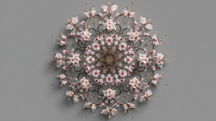 Spherical Three Dimensional Floral Mandala With Pink Blossoms Creating Perfect Radial Symmetry And Layered Structure On Gray