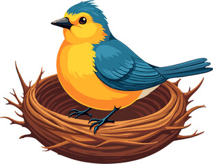 Obraz premium Cute blue and yellow bird sitting in a nest in cartoon style, perfect for spring designs, children’s illustrations, nature artwork, and animal characters