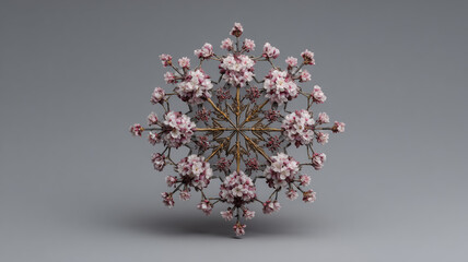 Mandala Pattern Made From Pink And White Blooming Tree Branches Creating Symmetrical Circular Design On Gray Background