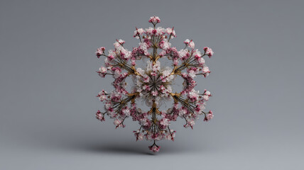 Mandala Pattern Made From Pink And White Blooming Tree Branches Creating Symmetrical Circular Design On Gray Background