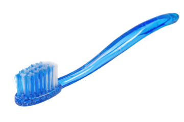 Blue toothbrush with a curved ergonomic handle, visible bristle head, and clean hygienic dental care detailing isolated on transparent background.
