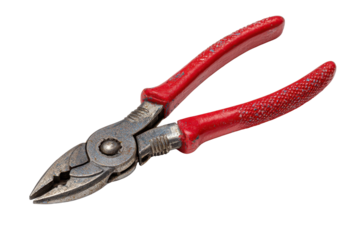 Red handled pliers with textured grips, strong metal jaws, and a slightly open precise hand tool shape isolated on transparent background.
