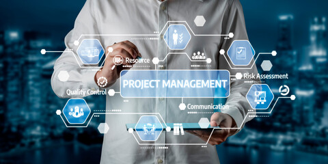 Modern project management visual featuring icons and digital elements, highlighting key concepts like communication and resource management for effective teamwork and planning. Tessel