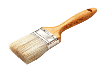 Wide paintbrush with a wooden handle, pale bristles, sturdy ferrule, and clean professional tool detailing isolated on transparent background.
