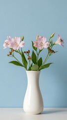White vase with pink lilies and green leaves on a white surface against a light blue background red berries