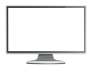 Desktop computer monitor with a white blank screen, slim bezel, clean rectangular display, and a simple stable stand isolated on transparent background.
