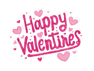 Happy Valentine’s sticker style graphic with compact lettering, small pink hearts, and decorative romantic accents arranged around the text isolated on transparent background.
