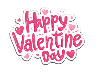Happy Valentine&rsquo;s sticker style graphic with compact lettering, small pink hearts, and decorative romantic accents arranged around the text isolated on transparent background.
