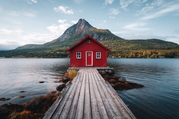 A charming red cabin sits atop a rustic wooden dock that stretches out over the tranquil water, with a majestic mountain looming in the background, all bathed in the warm light of daytime