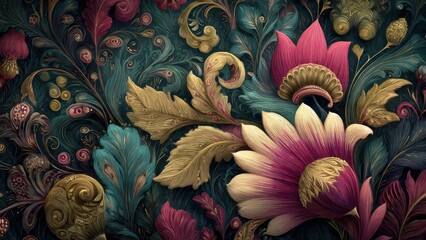 Luxurious Art Nouveau Floral Pattern Background. Ornate texture with deep teal, magenta, and gold botanical elements, creating a vintage and opulent maximalist tapestry design.