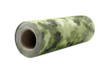 Camouflage patterned cylindrical roll with mottled green brown print, tight layered wrap texture, and clean rounded ends isolated on transparent background.
