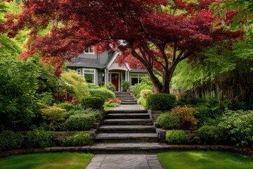 A charming brick pathway winds its way to a lovely home, enveloped by lush green shrubs and a strikingly large red tree, all basking under the warm sun on a beautiful day in the garden